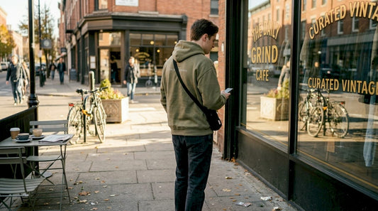 Young adult wearing faith-based streetwear city sidewalk