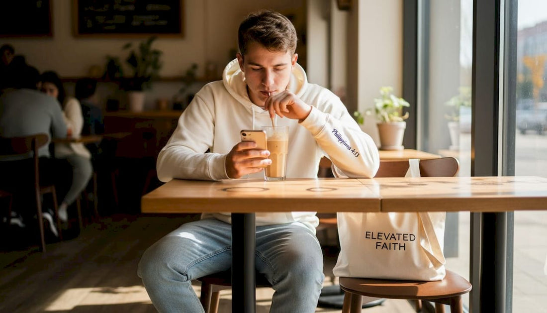 Student wearing faith hoodie in café